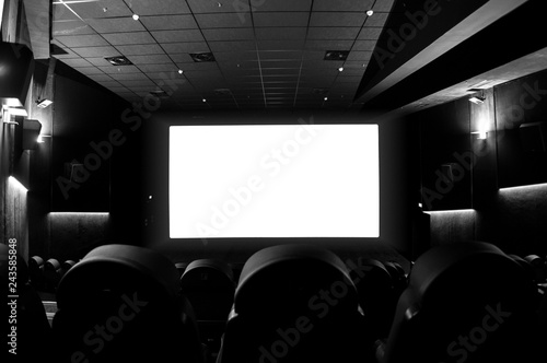 Empty cinema with white screen and comfortable chairs.