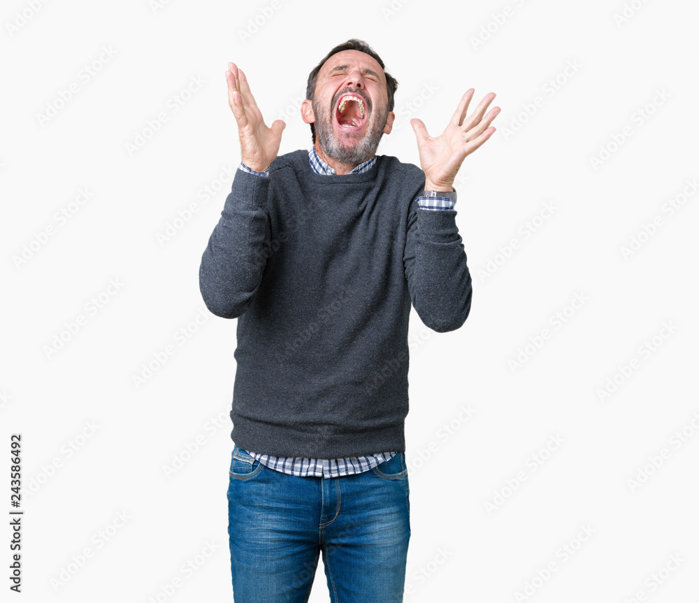 Fototapeta premium Handsome middle age senior man wearing a sweater over isolated background celebrating mad and crazy for success with arms raised and closed eyes screaming excited. Winner concept