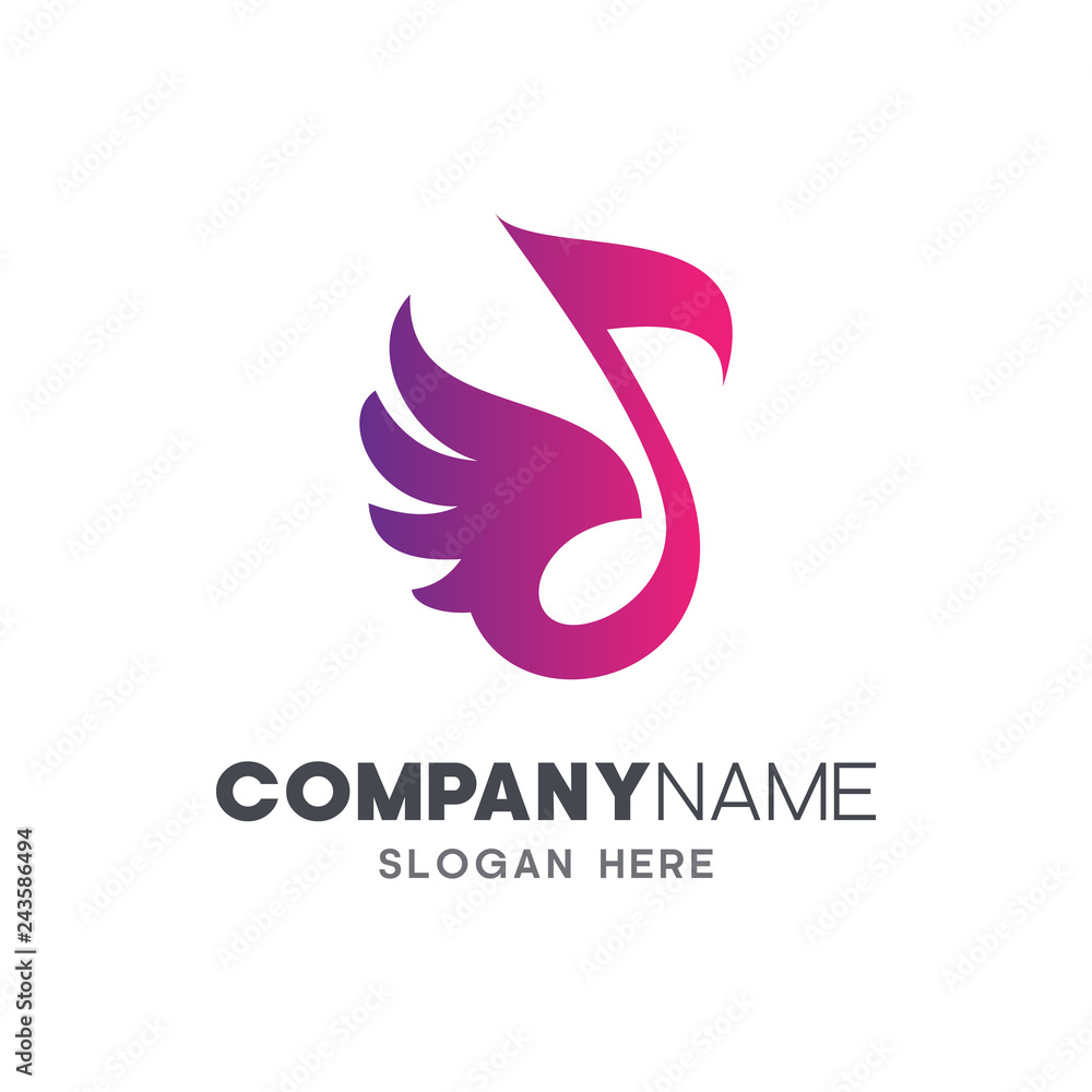 Fototapeta premium music note + wing creative logo design