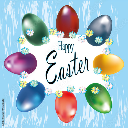 Happy Easter egg. lettering background with realistic gloss, glitter, Vector illustration postcard, advertising, promotion, poster, flyer, web banner.
