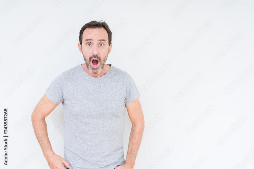 Fototapeta premium Handsome senior man over isolated background afraid and shocked with surprise expression, fear and excited face.