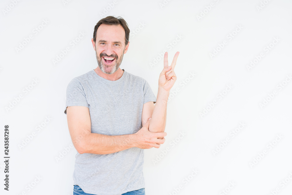 Handsome senior man over isolated background smiling with happy face winking at the camera doing victory sign. Number two. Handsome senior man over isolated background smiling with happy face winking at the camera doing victory sign. Number two.