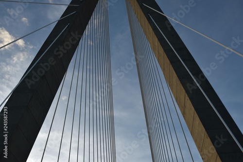 Perspective view of a cable suspension bridge from the road
