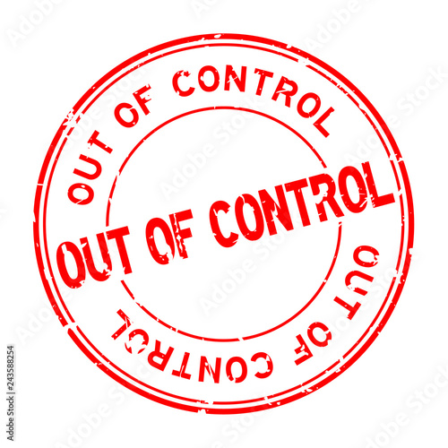 Grunge red out of control word round rubber seal stamp on white background