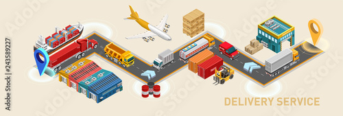 Trucks riding on road from departure point to destination on graphic scheme of delivery service