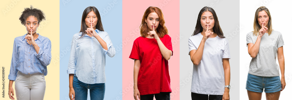 Collage of hispanic, african american, asian, indian women over vintage color background asking to be quiet with finger on lips. Silence and secret concept.