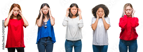 Collage of group of beautiful Chinese, asian, african american, caucasian women over isolated background with hand on head for pain in head because stress. Suffering migraine.