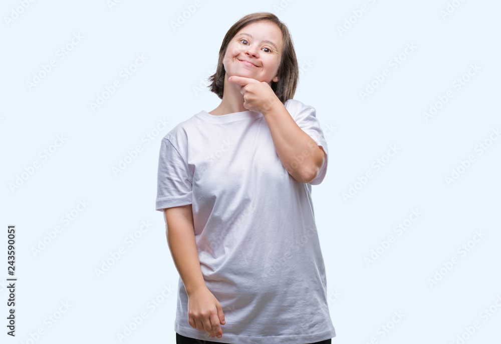 Young adult woman with down syndrome over isolated background looking confident at the camera with smile with crossed arms and hand raised on chin. Thinking positive. Young adult woman with down syndrome over isolated background looking confident at the camera with smile with crossed arms and hand raised on chin. Thinking positive.