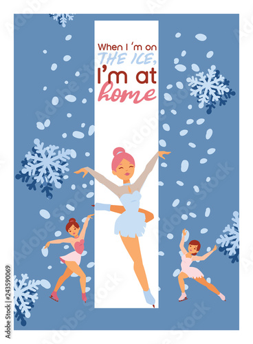 Figure skating vector backdrop girl character skates on competition and professional girlie skater illustration winter card wallpaper of people athlete dancing on ice background photo