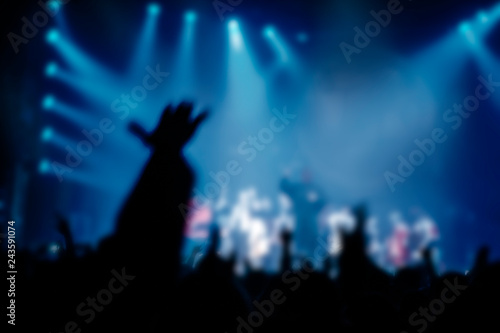 Fototapeta Naklejka Na Ścianę i Meble -  Musical concert. People in the concert hall at the disco . Singer in front of the audience. Fans at the concert. Blurred image / blurred photo.