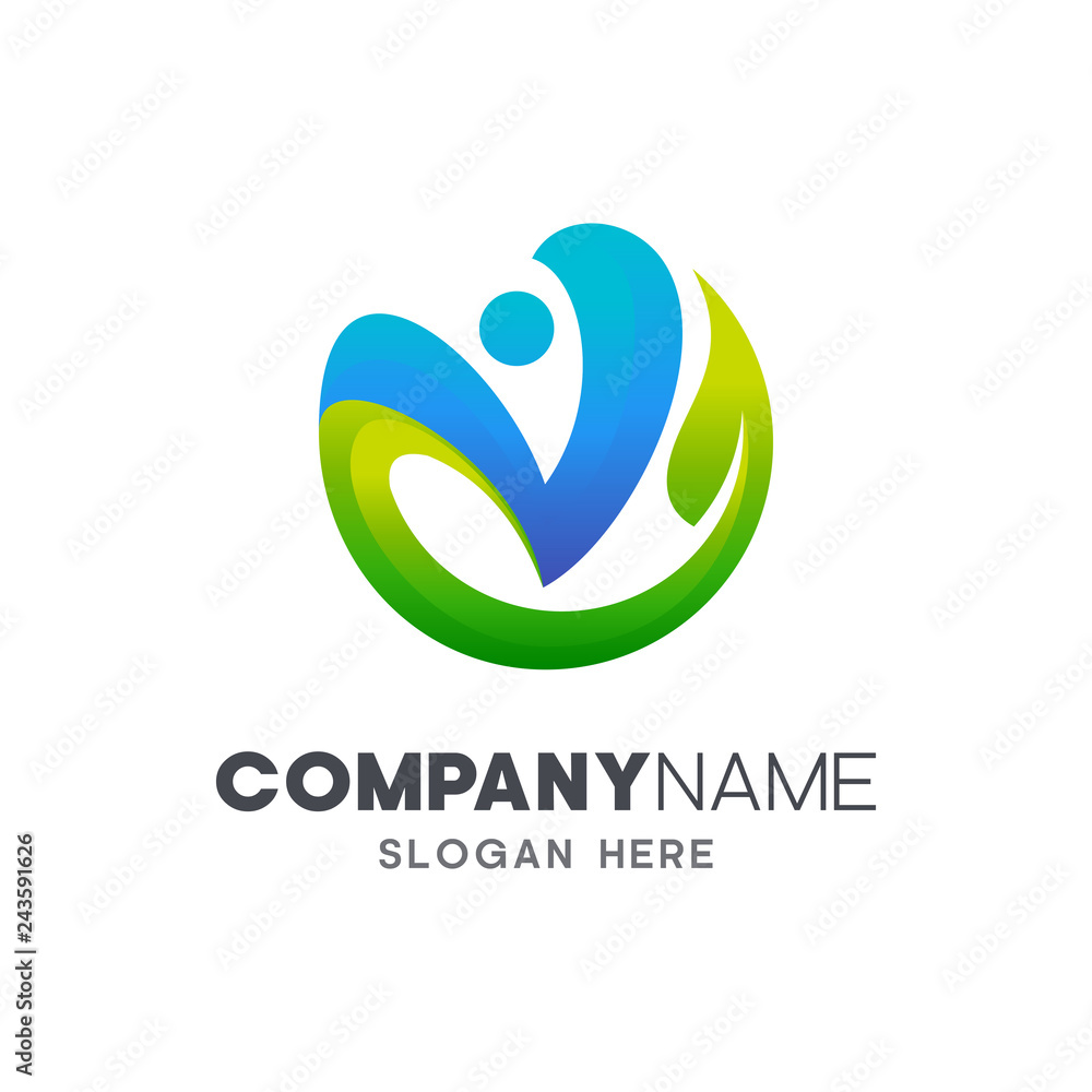 Fototapeta premium people letter V with leaf, logo design template