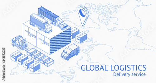 Vector design in blueprint style of global logistics and delivery service with map and trucks
