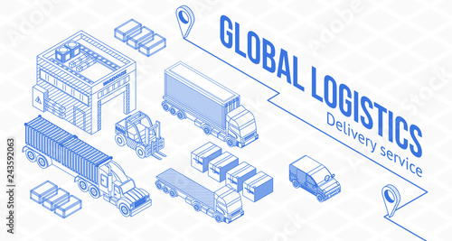 Creative isometric blueprint web design with icons for global logistics on white background