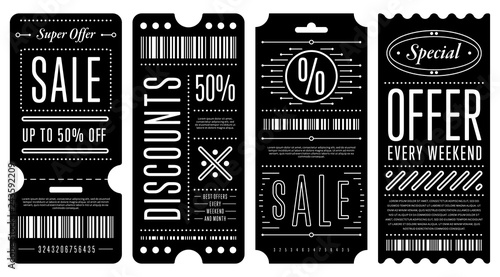 Set of four black discount coupons with various white writings