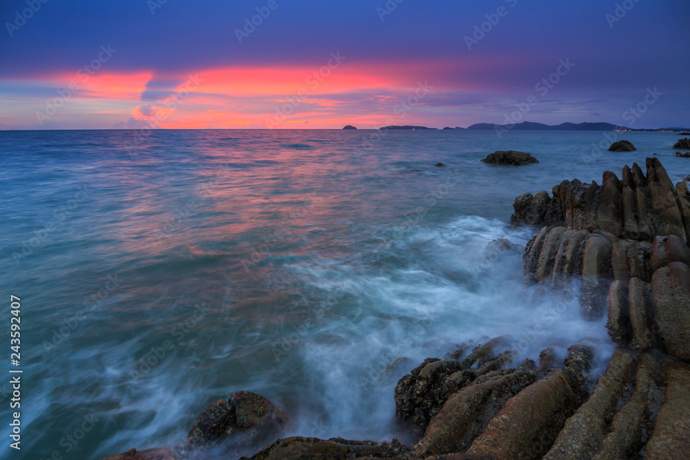 Amazing beautiful Nature of Sunset Over the Sea with Twilight Sky at Sabah Borneo