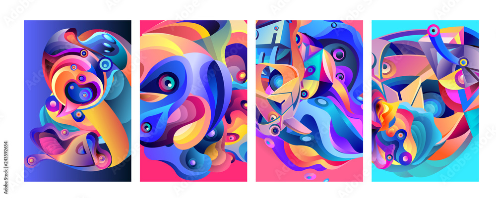 Set of modern abstract vector poster background . Gradient geometric shapes of different colors in space design style. Template ready for use in web or print design Set of modern abstract vector poster background . Gradient geometric shapes of different colors in space design style. Template ready for use in web or print design