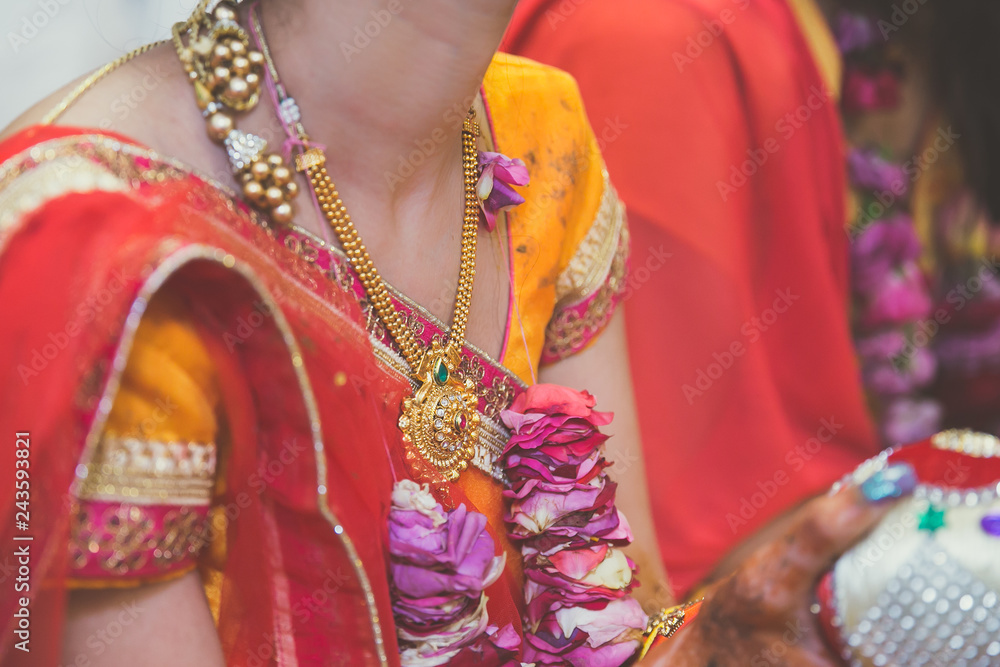 Indian pre wedding ceremony haldi pooja ritual items close up