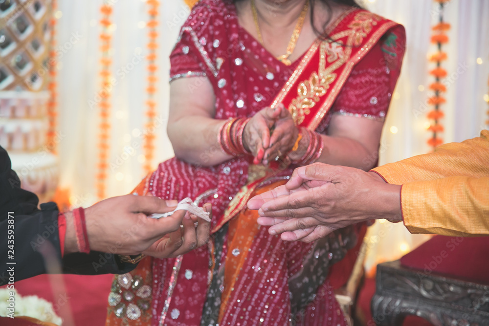 Indian pre wedding ceremony haldi pooja ritual items close up