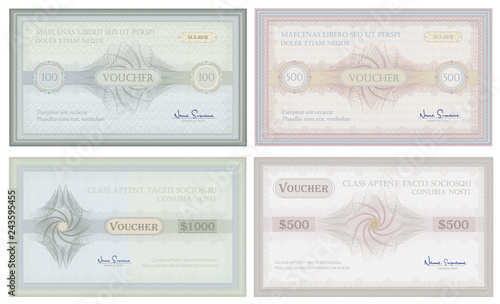 Voucher coupon check gift banknotes guilloche security money card template collection vector