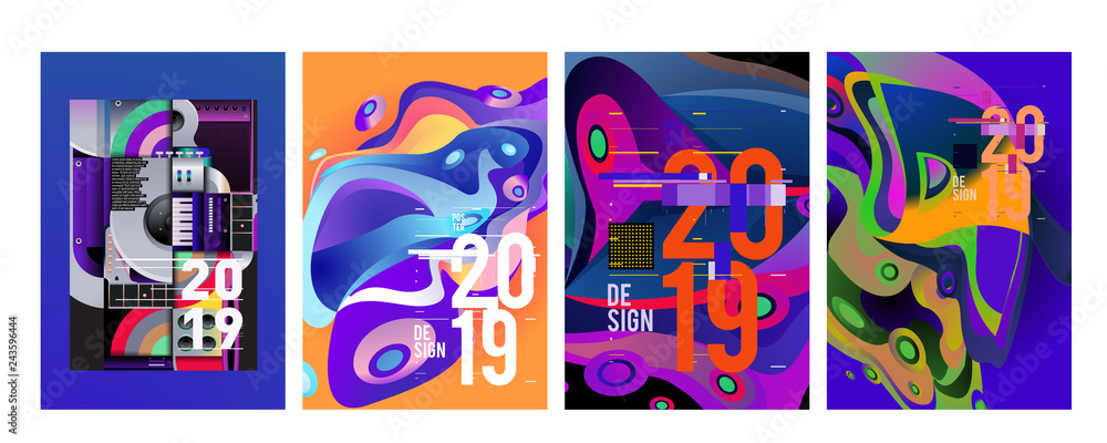 2019 New Poster Design Template. Trendy Vector Typography and Colorful Illustration Collage for Cover and Page Layout Design Template in eps10