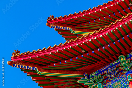 Architectural appearance of the Lingbao temple in Hunchun, China, in the northern province of Jilin.