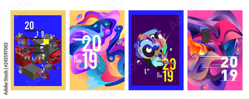 2019 New Poster Design Template. Trendy Vector Typography and Colorful Illustration Collage for Cover and Page Layout Design Template in eps10