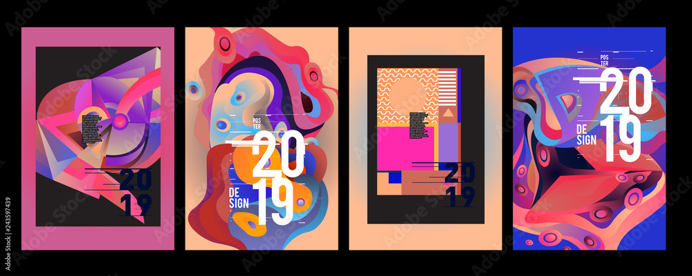 2019 New Poster Design Template. Trendy Vector Typography and Colorful Illustration Collage for Cover and Page Layout Design Template in eps10