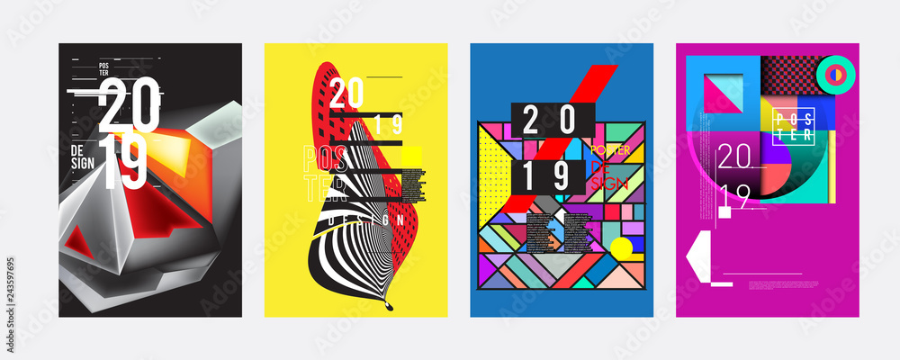 2019 New Poster Design Template. Trendy Vector Typography and Colorful Illustration Collage for Cover and Page Layout Design Template in eps10