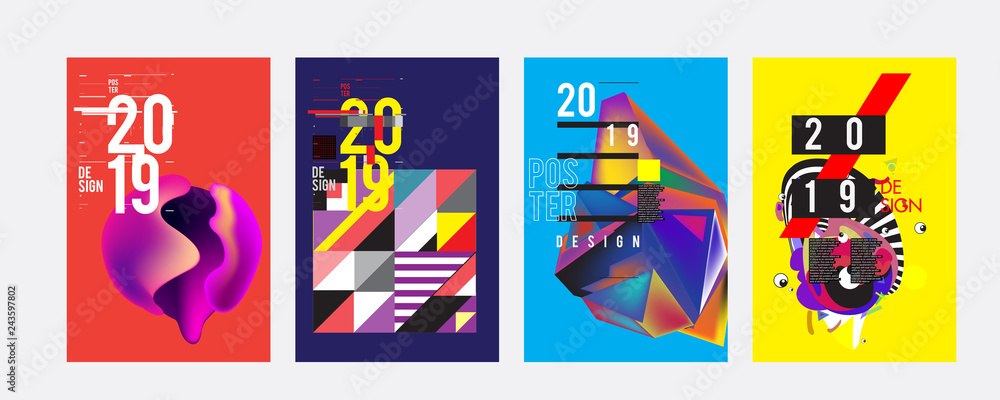 2019 New Poster Design Template. Trendy Vector Typography and Colorful Illustration Collage for Cover and Page Layout Design Template in eps10