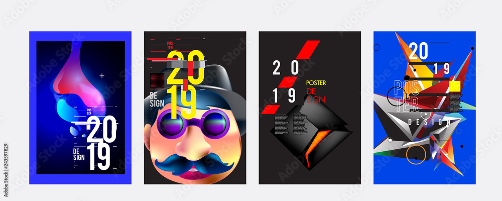 Fototapeta premium 2019 New Poster Design Template. Trendy Vector Typography and Colorful Illustration Collage for Cover and Page Layout Design Template in eps10