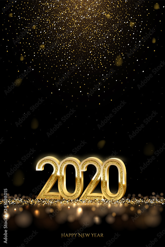 2020 New Year luxury design concept. Vector golden 2020 New Year vertical template with falling golden snow. 2020 New Year luxury design concept. Vector golden 2020 New Year vertical template with falling golden snow.