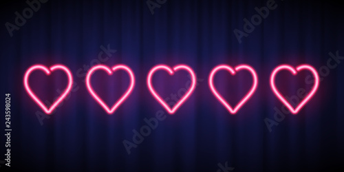 Five pink neon hearts rating design element isolated on blue curtain background. Vector neon heart shapes for ranking interface.