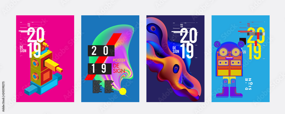 Obraz premium 2019 New Poster Design Template. Trendy Vector Typography and Colorful Illustration Collage for Cover and Page Layout Design Template in eps10