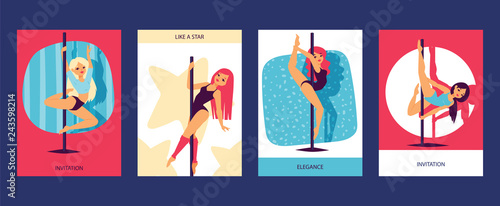 Girls dancing cards easily performing complex dance steps on pylon vector illustration. Beautiful slim girls with pylon. Elegance invitations.