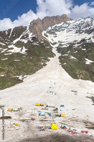 Sledging in Himalaya mountains. Huge snow glasier at Zojila pass in Ladakh, Jammu and Kashmir, India photo