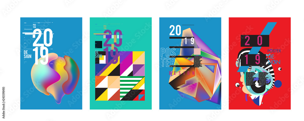 2019 New Poster Design Template. Trendy Vector Typography and Colorful Illustration Collage for Cover and Page Layout Design Template in eps10