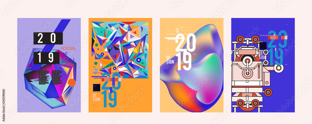 2019 New Poster Design Template. Trendy Vector Typography and Colorful Illustration Collage for Cover and Page Layout Design Template in eps10