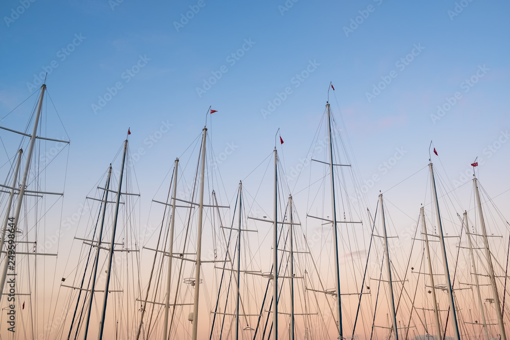Fototapeta premium Yacht masts at twilight sky background