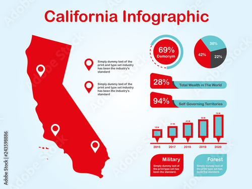 California State (USA) Map with Set of Infographic Elements in Red Color in Light Background. Modern Information Graphics Element for your design.
