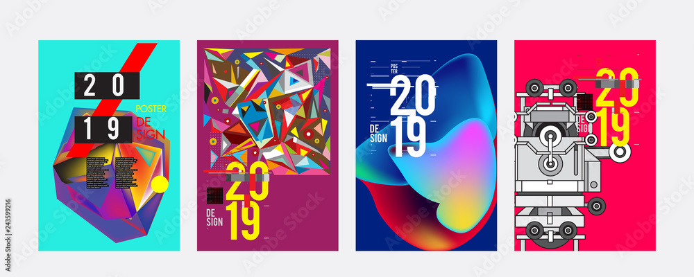 2019 New Poster Design Template. Trendy Vector Typography and Colorful Illustration Collage for Cover and Page Layout Design Template in eps10