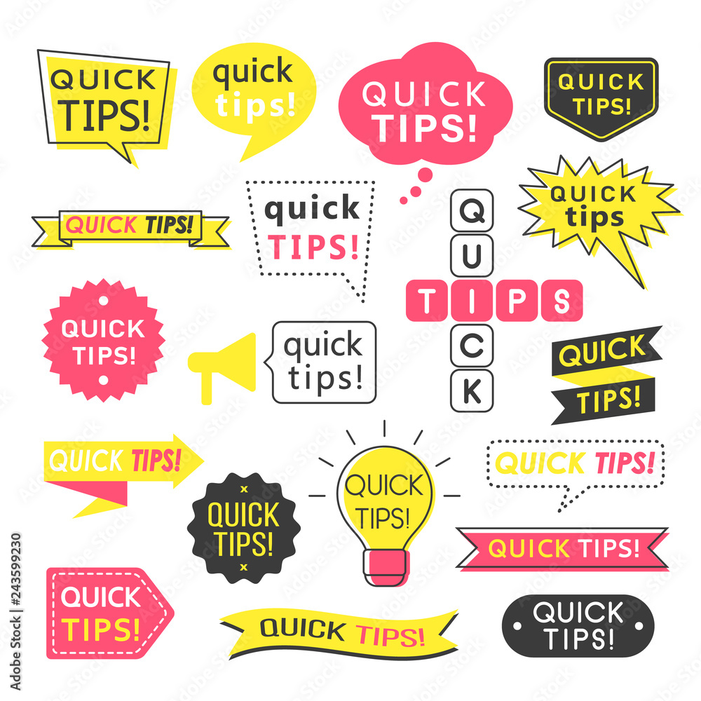 Advice, quick tips, helpful tricks and suggestions logos, emblems and banners isolated on white. Helpful idea, solution and trick illustration for books, magazine, website or typographic materials.