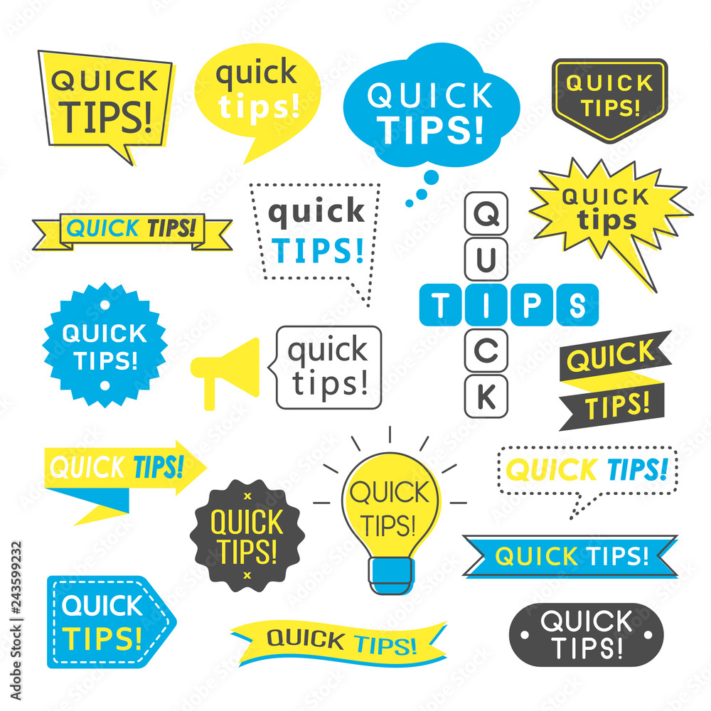 Obraz premium Advice, quick tips, helpful tricks and suggestions logos, emblems and banners isolated on white. Helpful idea, solution and trick illustration for books, magazine, website or typographic materials.
