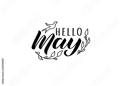 Hello May hand drawn lettering card with doodle swallow and branches. Inspirational spring quote. Motivational print for invitation  or greeting cards, brochures, poster, t-shirts, mugs.