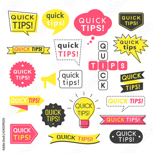 Advice, quick tips, helpful tricks and suggestions logos, emblems and banners isolated on white. Helpful idea, solution and trick illustration for books, magazine, website or typographic materials.