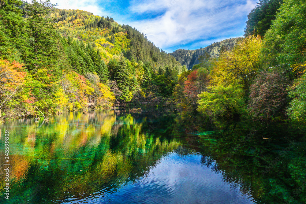 colorful scenery of the lake and forest at Jiuzhaigou national park, world heritage site located in Sichuan Province China