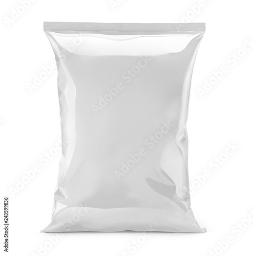 Blank or white plastic bag snack packaging isolated on white photo
