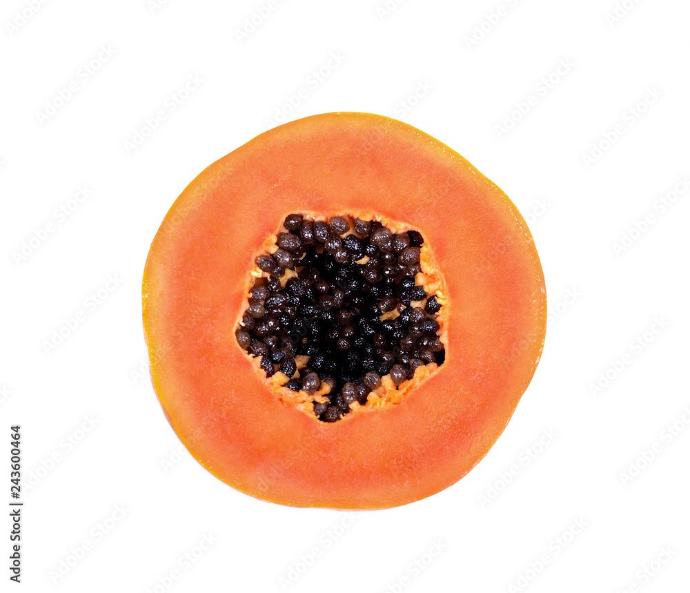 half of fresh papaya with seeds isolated on white background half of fresh papaya with seeds isolated on white background