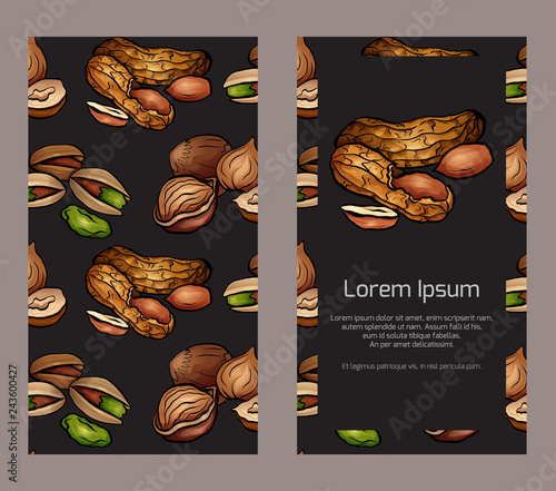 Vertical double sided banners  with colored cartoon nuts on dark background and place for the text. Peanuts, hazelnut, pistachios. Vector template for menus, cards, recipes and your design.
