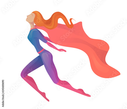 Illustration of a flying super woman in costume with cloak. Elegant textural stylization of the girl. Vector element for postcards, articles and your design.
