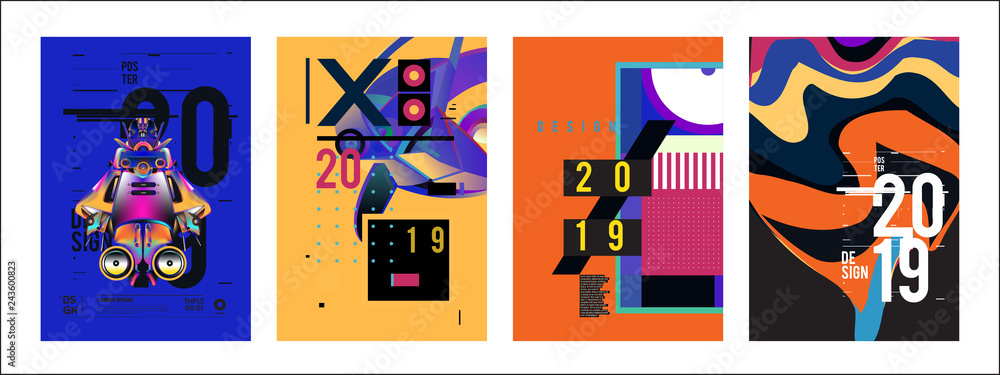 2019 New Poster Design Template. Trendy Vector Typography and Colorful Illustration Collage for Cover and Page Layout Design Template in eps10